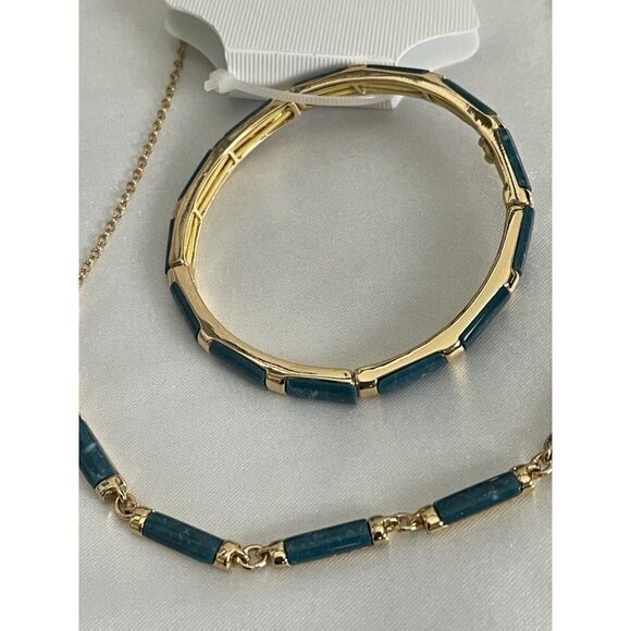 Chaps Gold-Tone Teal Stone Statement Necklace & Stretch Bracelet Set - Picture 3 of 4